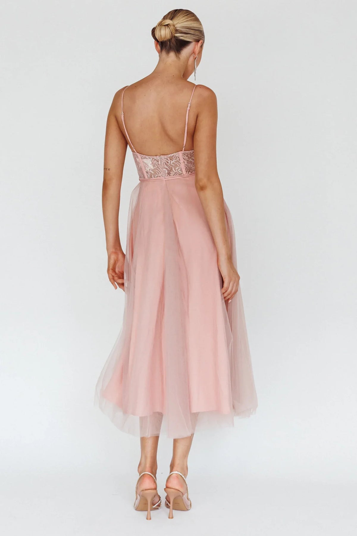 Trophy Lace Bodice Mesh Midi Dress Blush