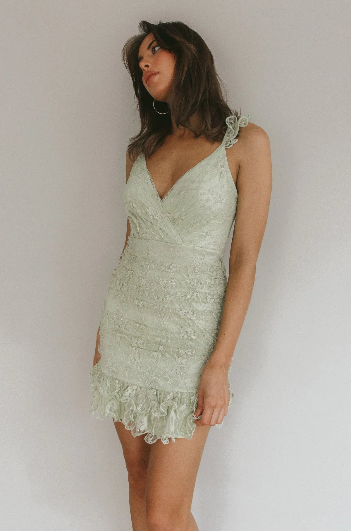 Kaley Ruched Side Layered Frill Hem Lace Mini Dress Sage