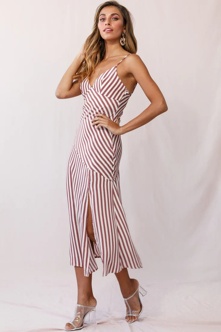 Downtown Cami Strap Front Split Midi Dress Stripe Print Rose