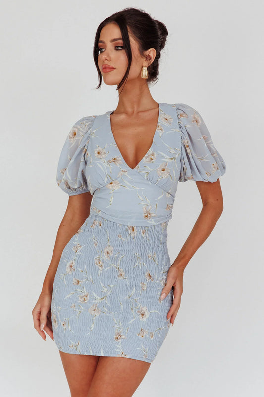 La Nena Shirred Mini Dress Floral Blue