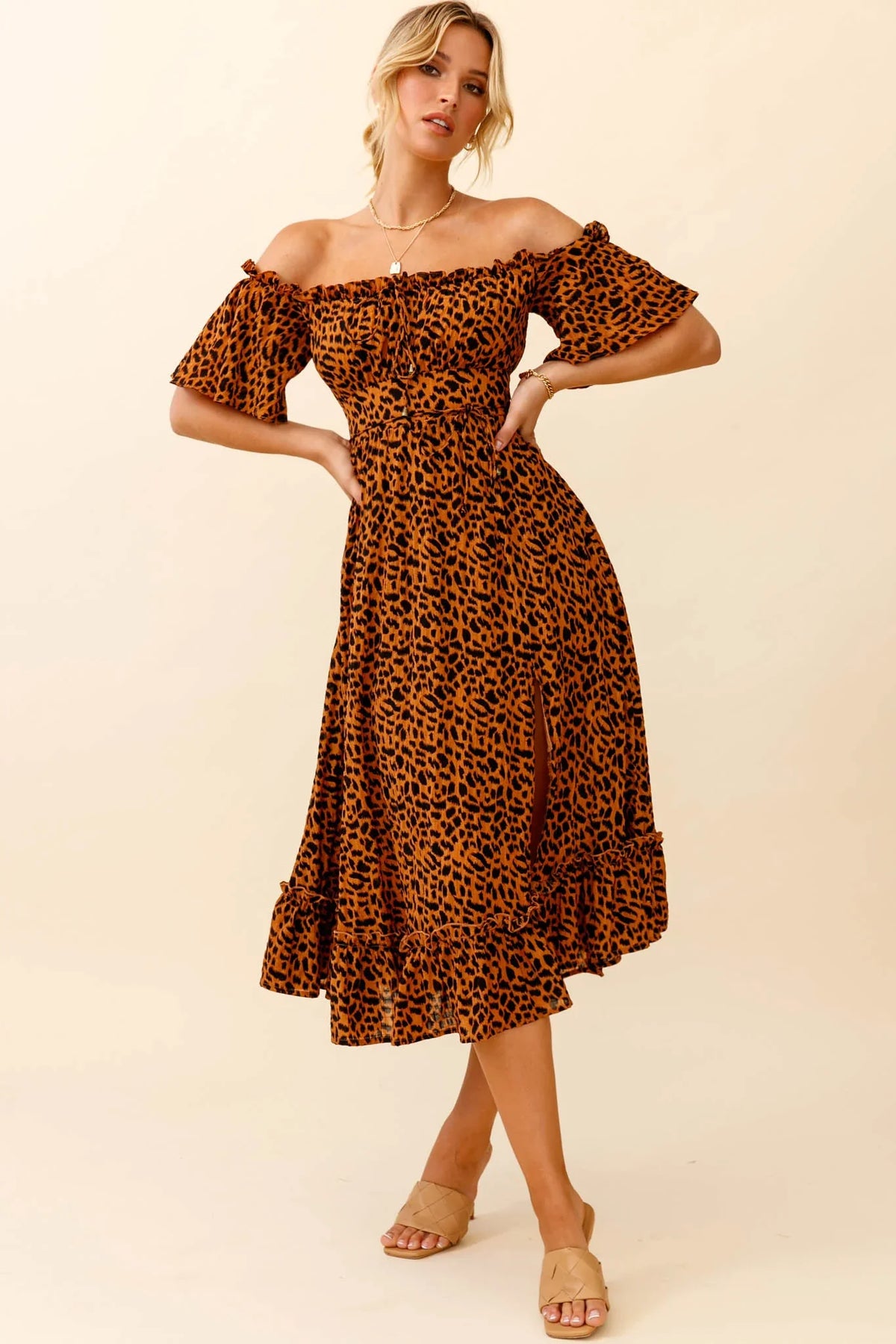 Voyager Off-Shoulder Bell Sleeve Midi Dress Leopard Print Brown