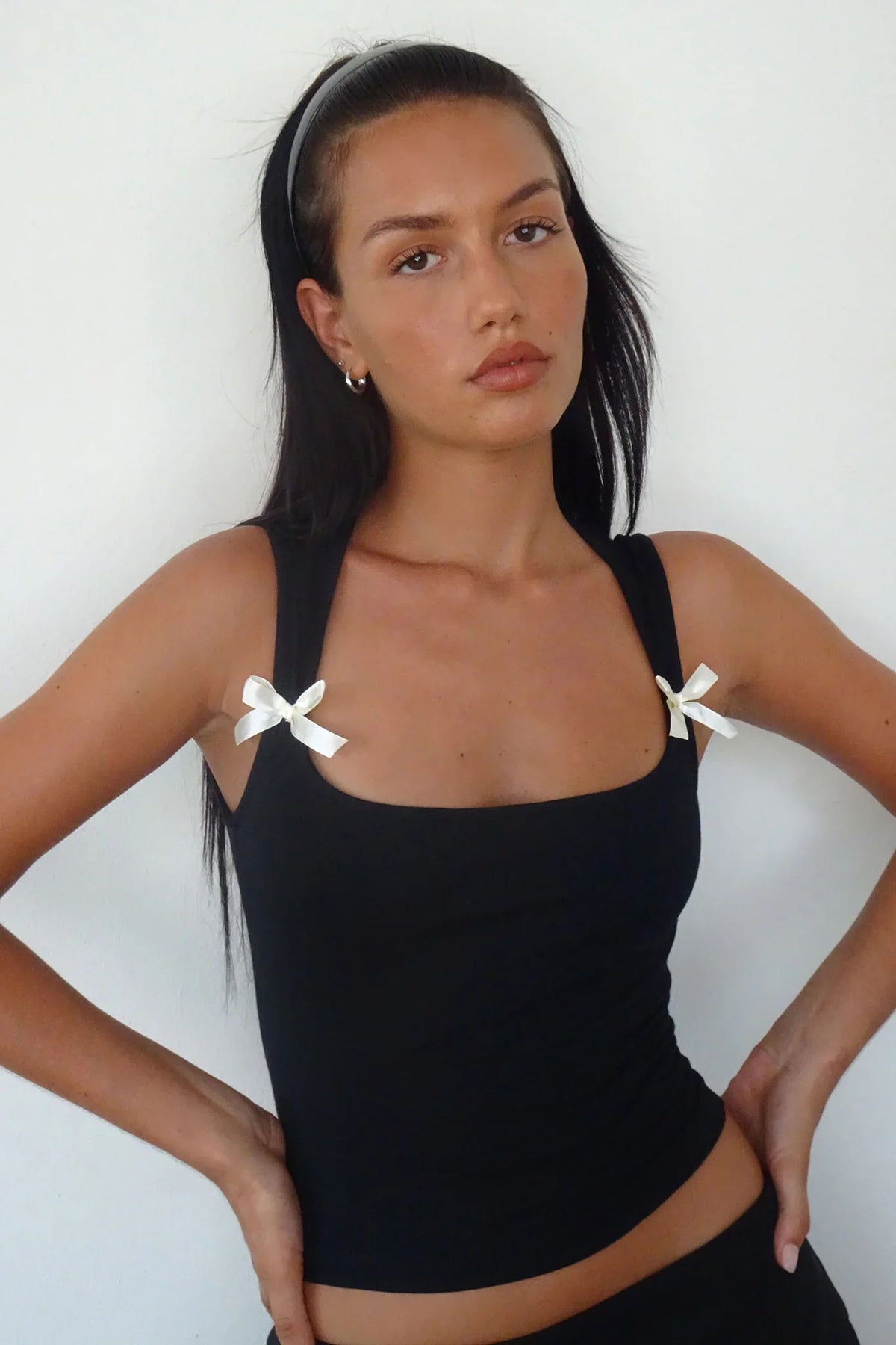 Jiniso Crop Top In Black With Ivory Bows
