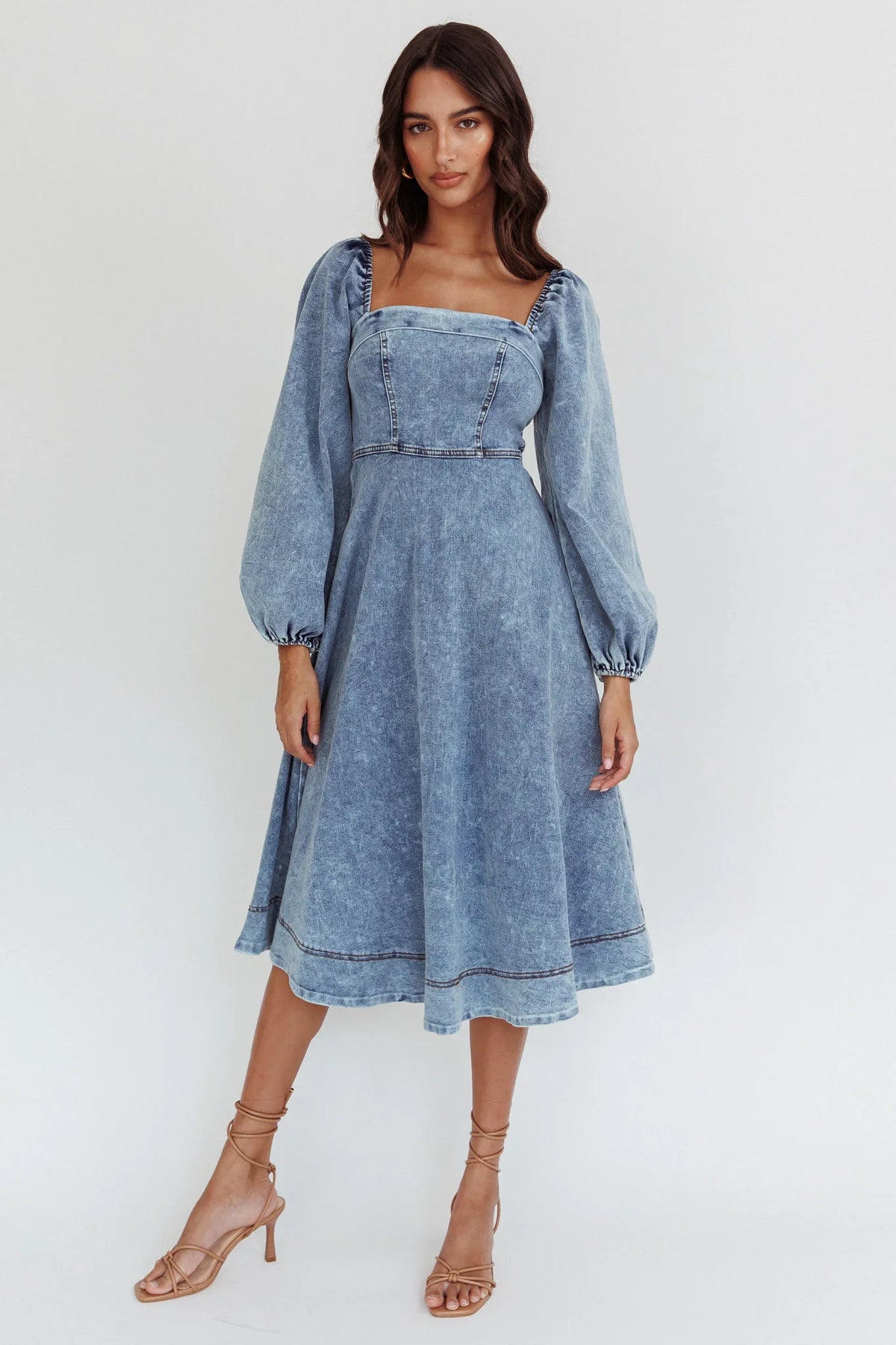 Jeanie Long Sleeve Midi Dress Denim Blue