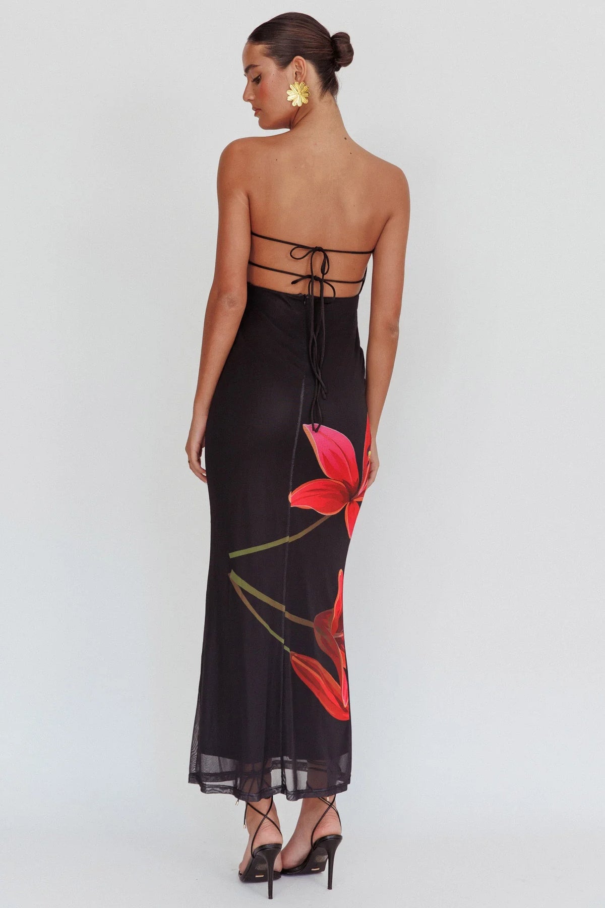 Iridian Strapless Floral Maxi Dress Black