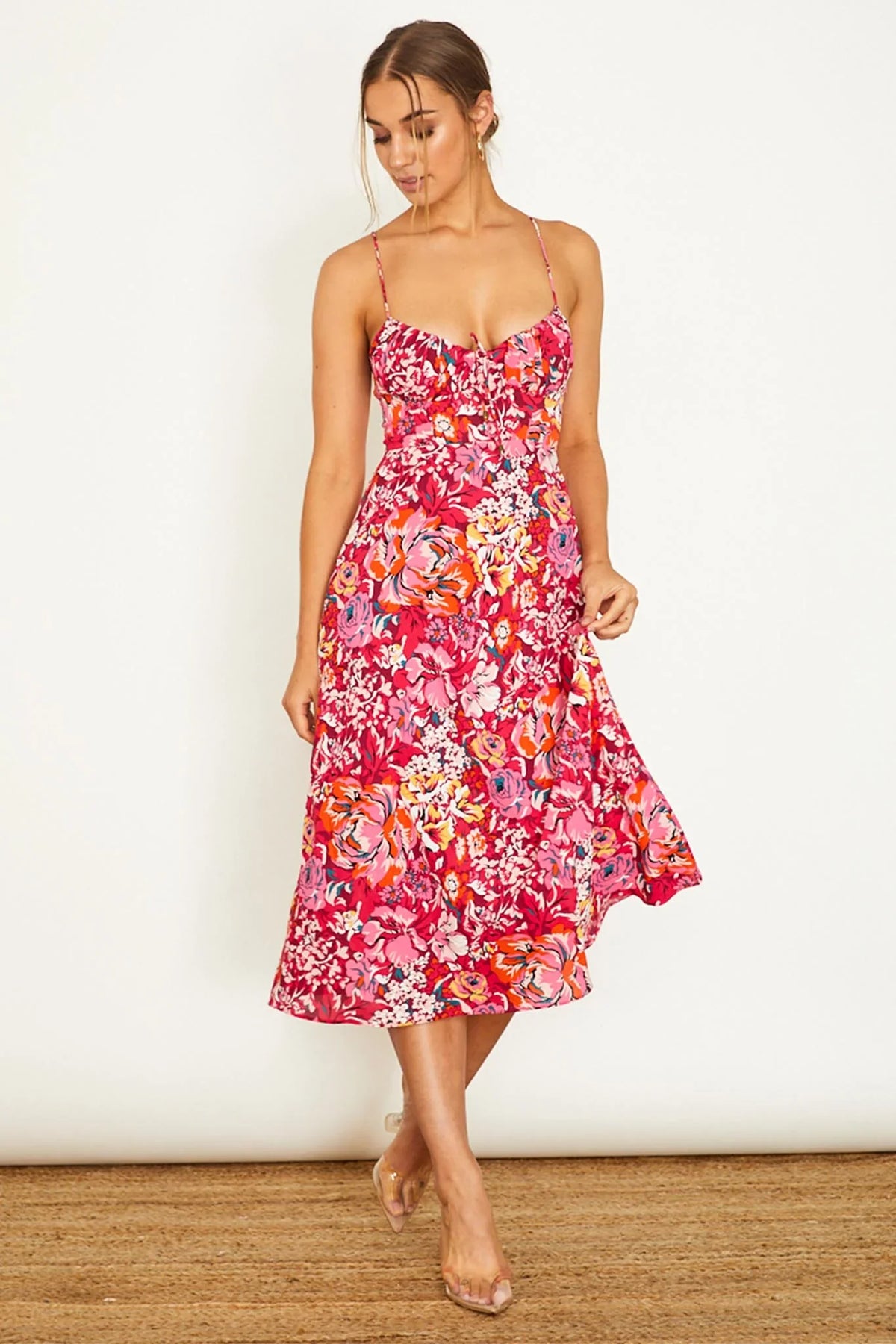 Malibu Gathered Bust Cami Strap Midi Dress Floral Red