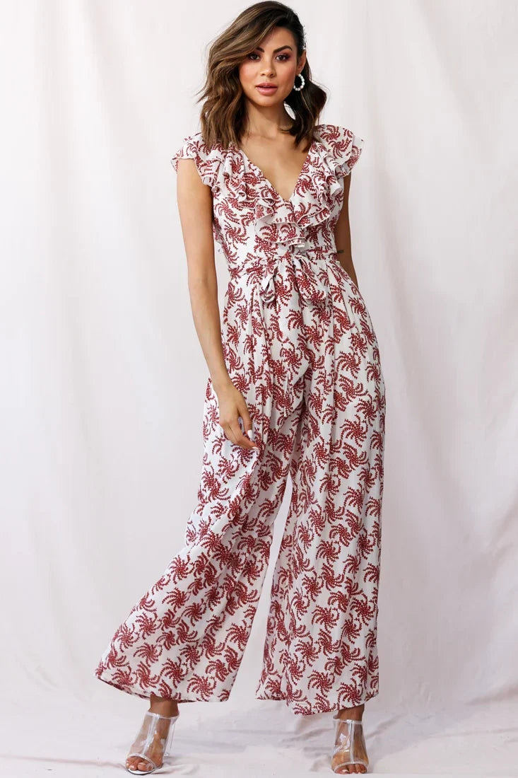 Marcia Ruffle Strap Wide Leg Jumpsuit Floral Print Beige