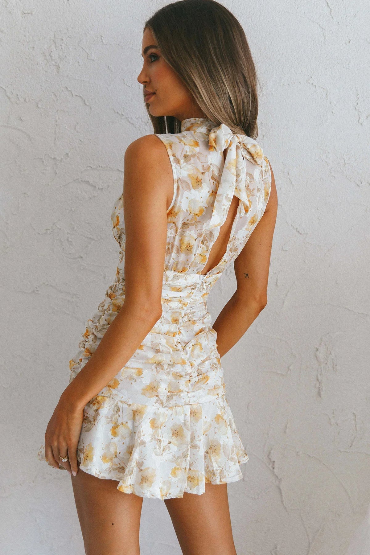Monte Cristi High Neck Sleeveless Mini Dress Floral Print Yellow