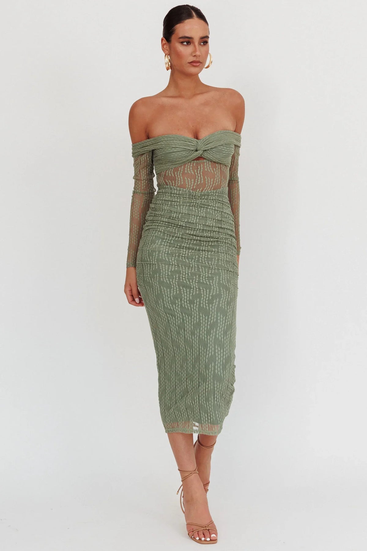 Oliana Off-Shoulder Mesh Maxi Dress Fern