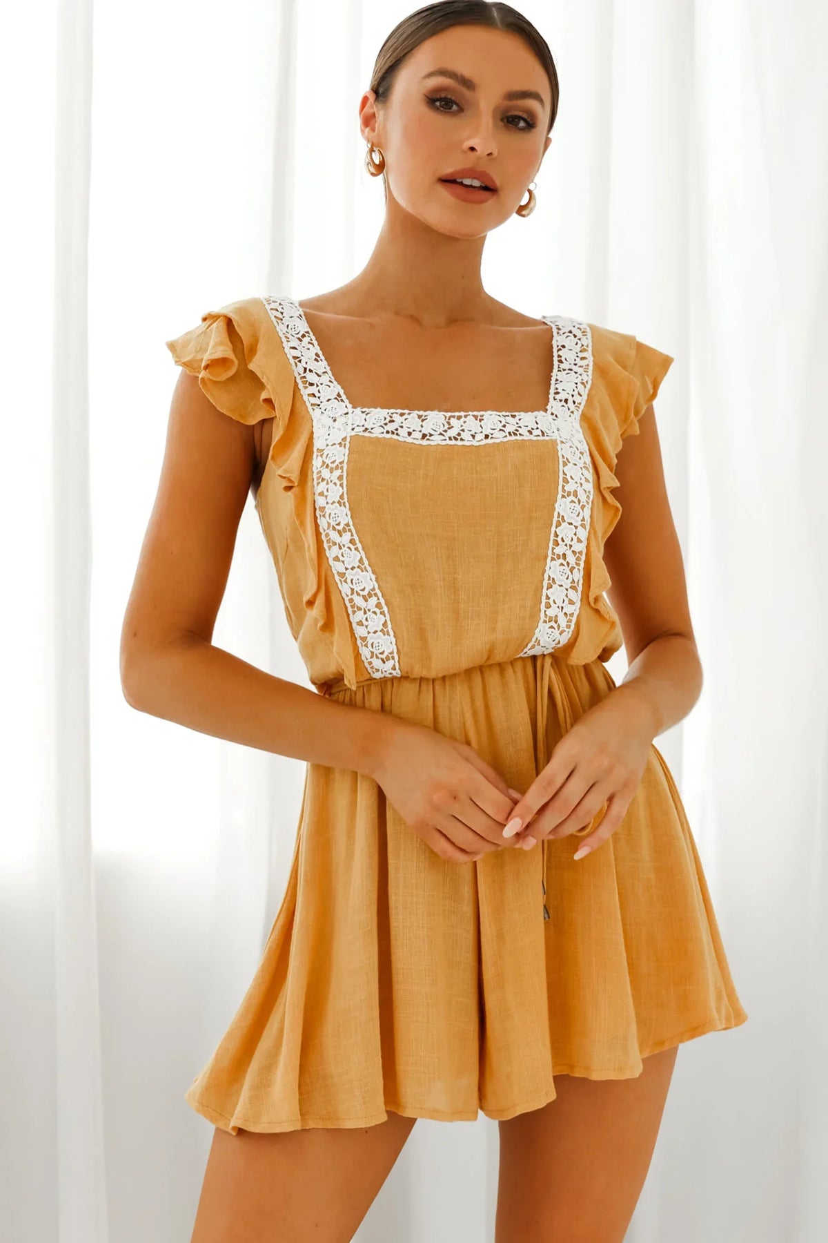 Meet Again Crochet Lace Trim Tie-Up Back Romper Mustard