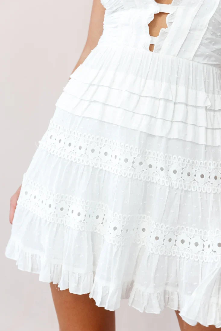 Riley Deep V-Neckline Ruffle Detail Dress White