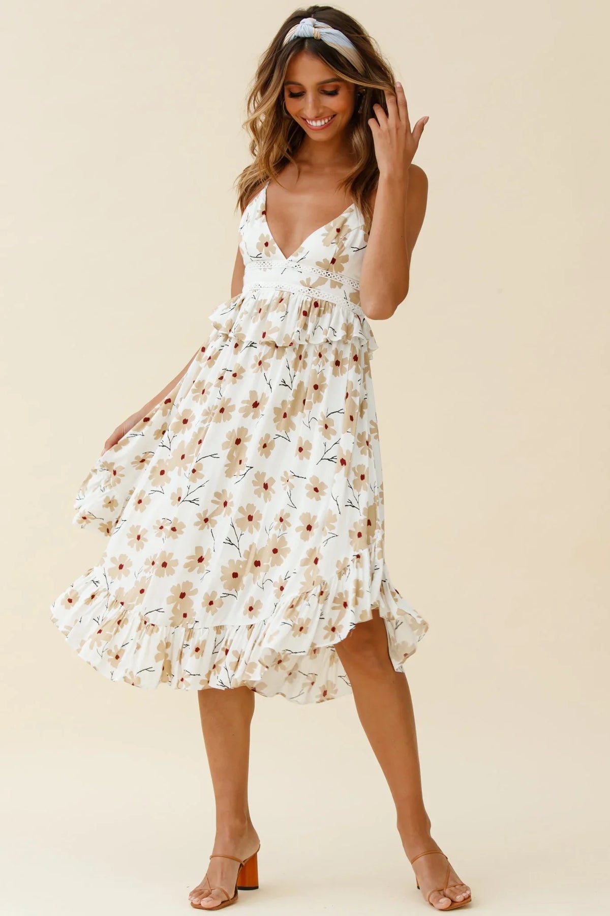 Marigold Peplum Midi Ruffle Dress Floral Print White