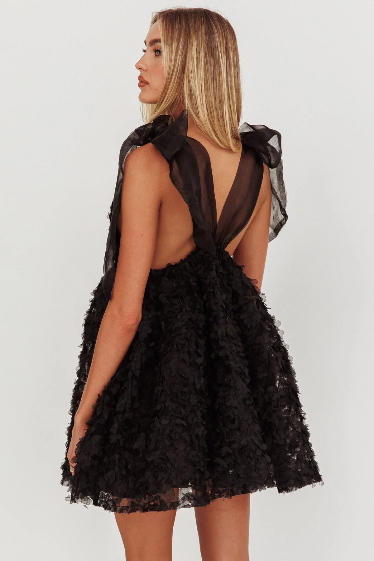 Lisette Tied Shoulder Embellished Mini Dress Black