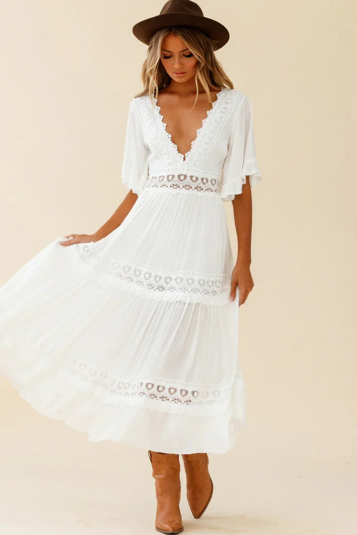 Indio Crochet Insert Deep V-Neckline Angel Sleeve Maxi Dress White