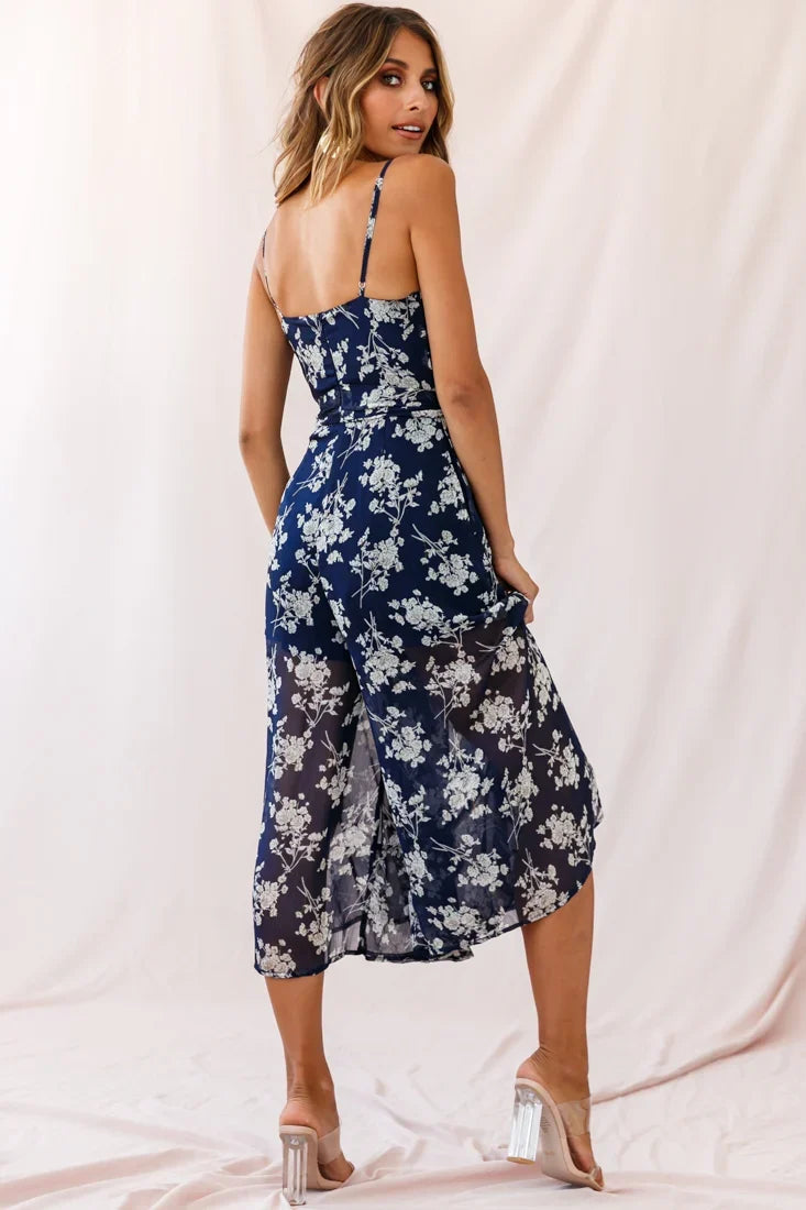 Constance Thin Strap Midi Jumpsuit Navy/White Flower