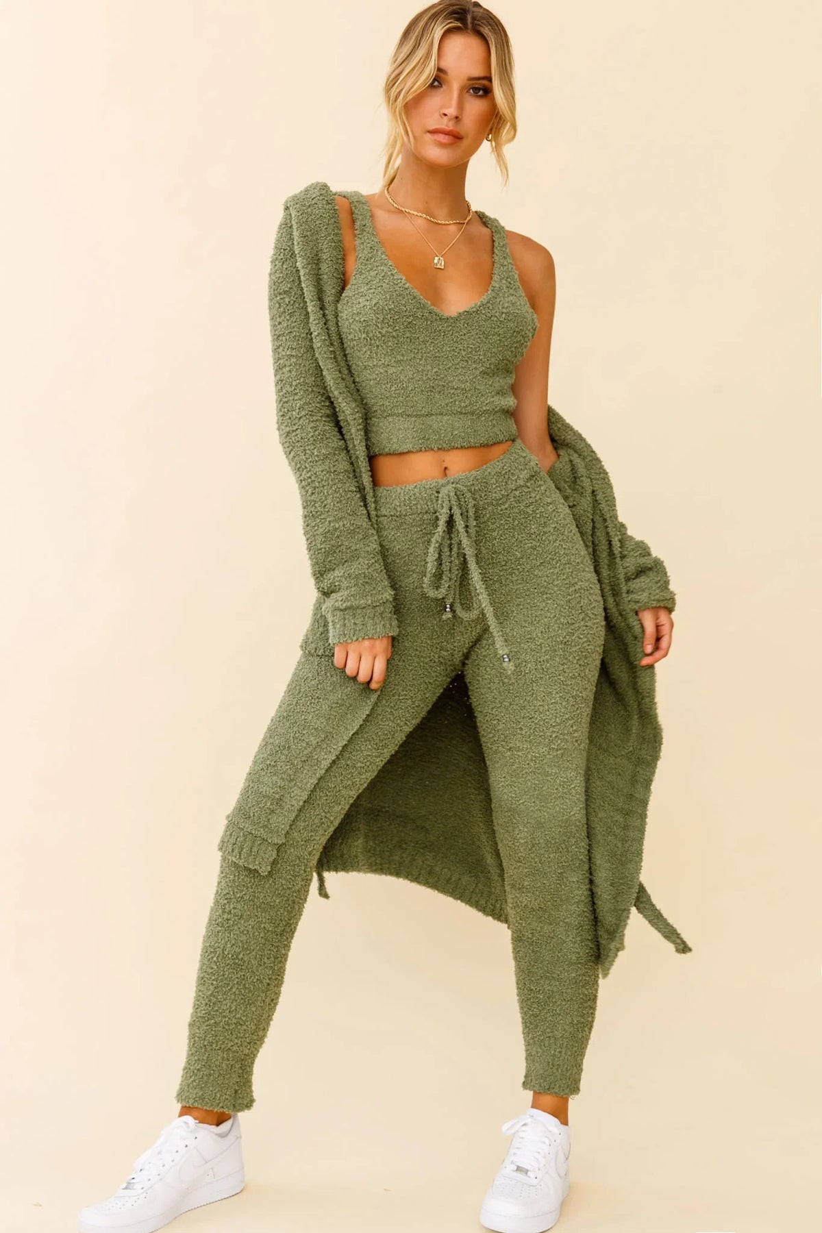 My Girl Fuzzy Knit Longline Pocket Cardigan Sage