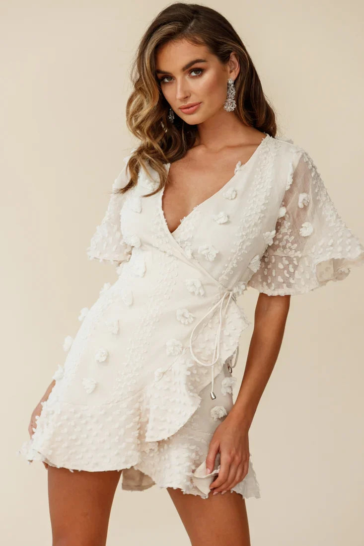 Chai Angel Sleeve Embellished Wrap Dress Beige