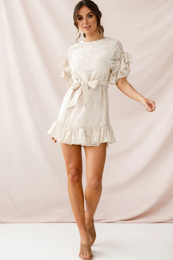 Coolum Ruffle Sleeve Dress Beige