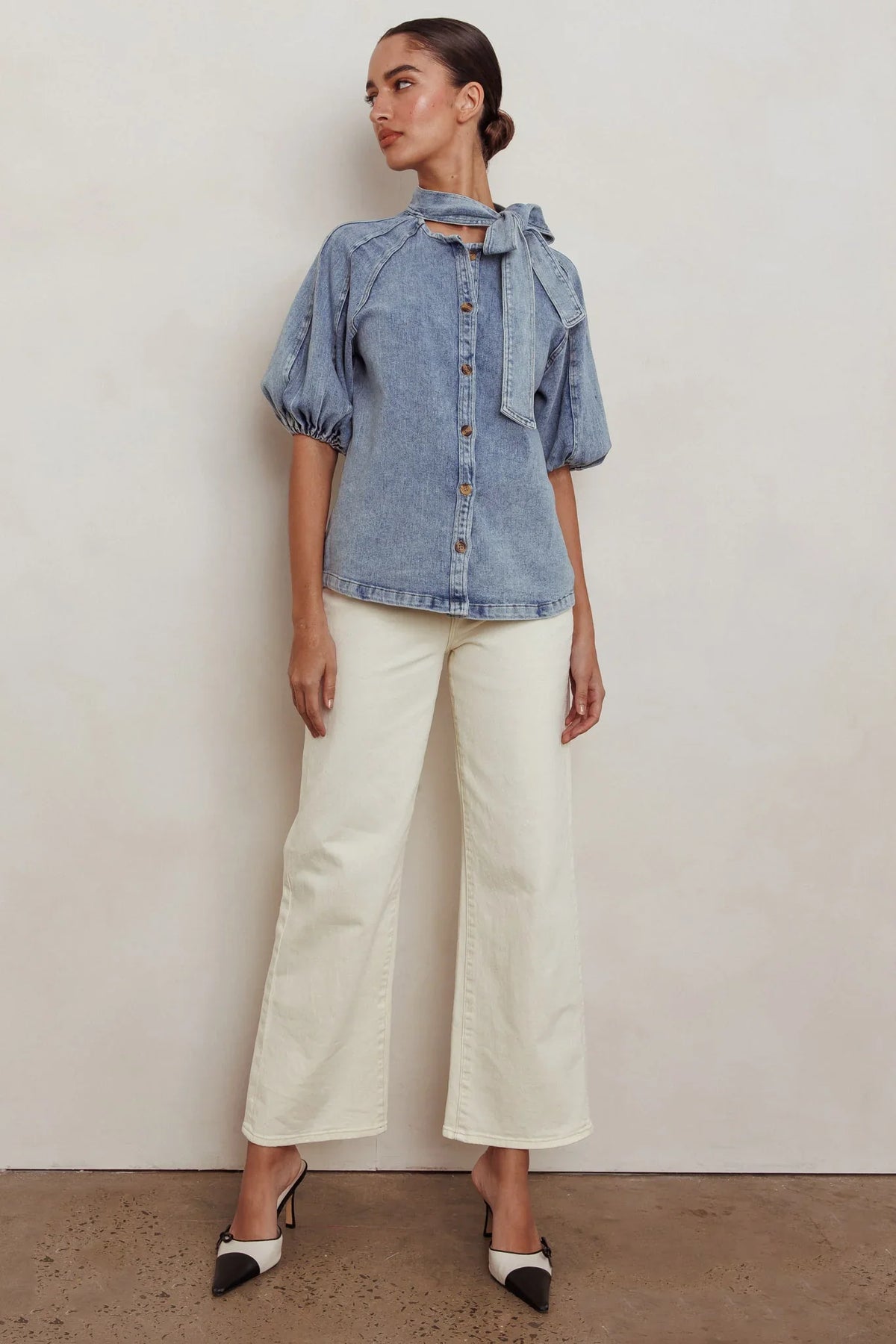 Notice Me Puff Sleeve Neck Bow Top Denim Blue