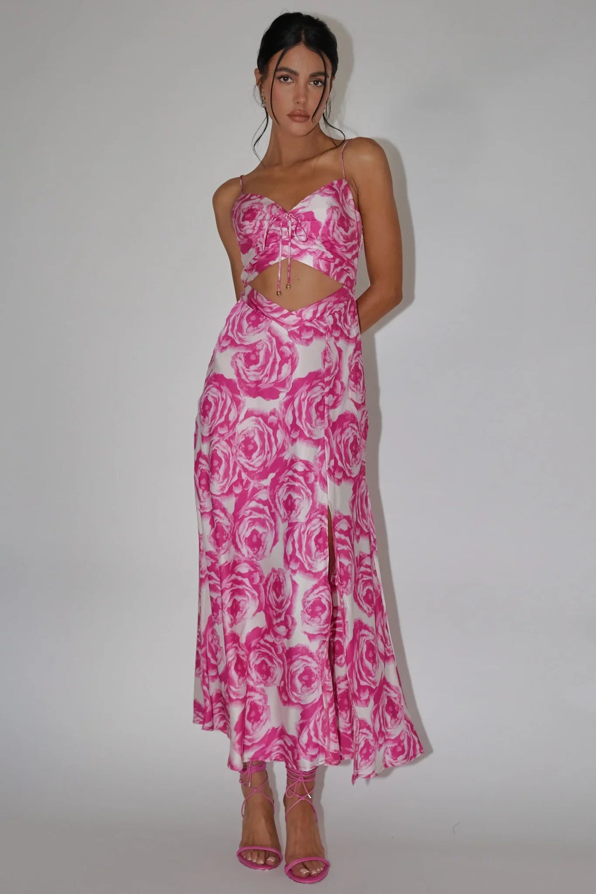 Twin Flame Drawstring Bust Midi Dress Floral Pink