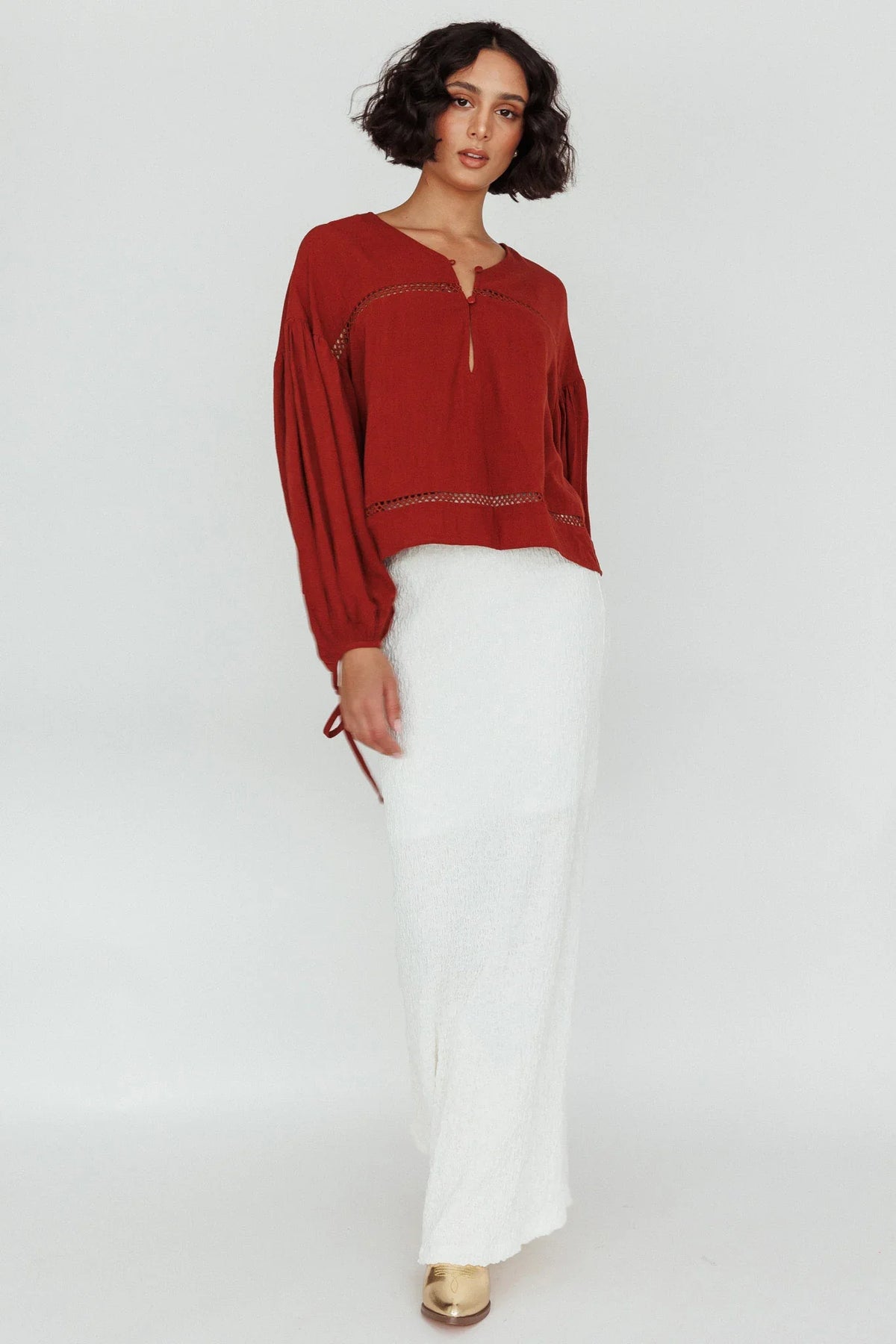Waltz Long Sleeve Embroidery Trim Top Tobacco
