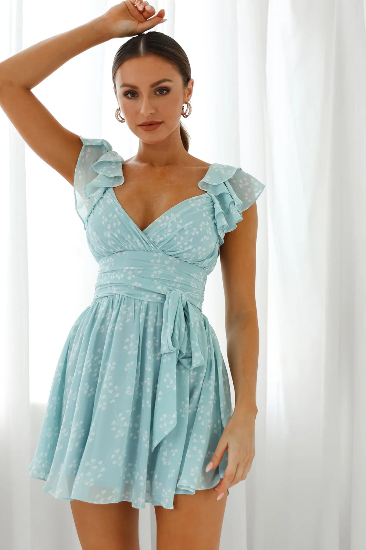 Lola Ruffle Shoulder Ruched Dress Leaf Print Blue