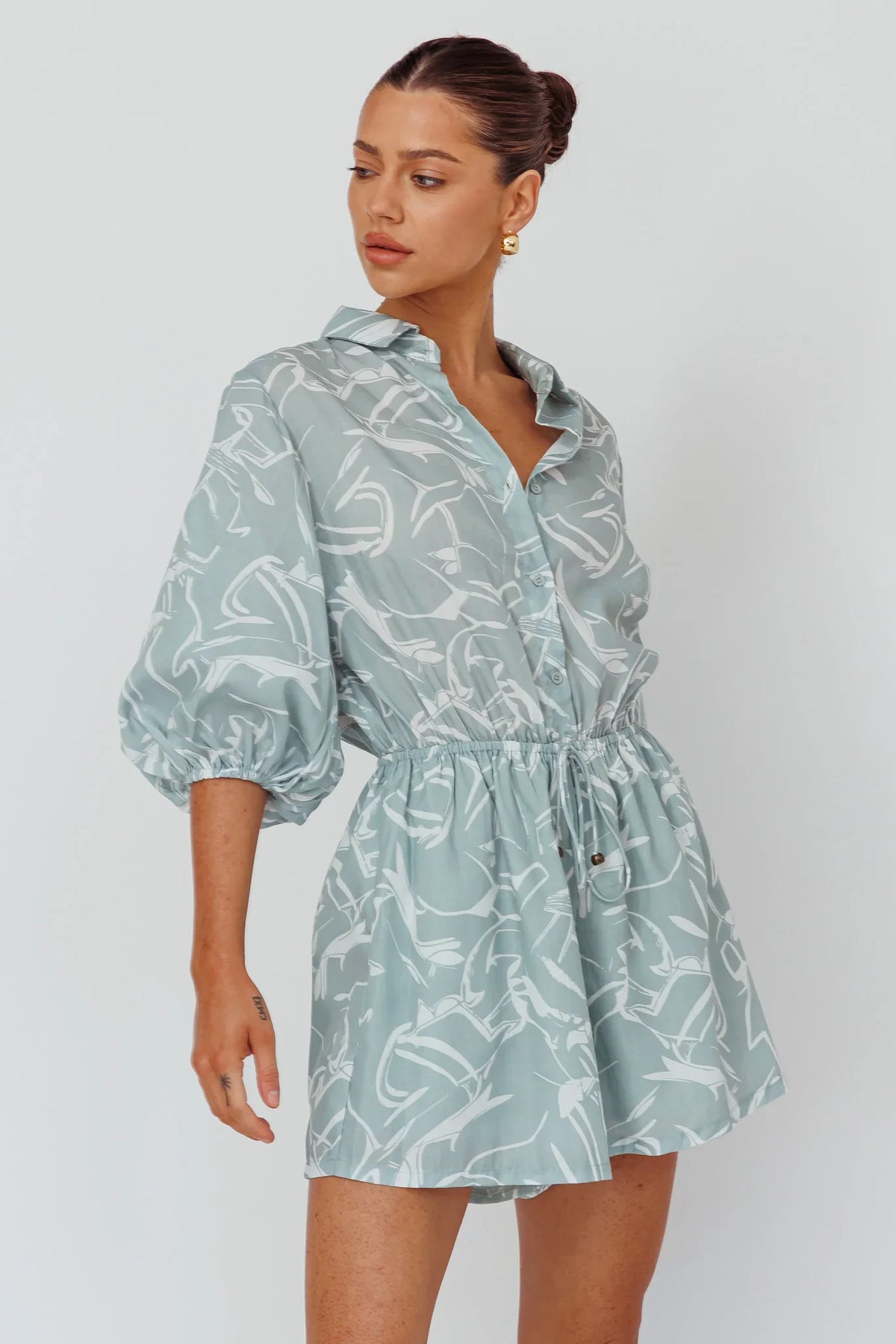 Tiki Puff Sleeve Drawstring Romper Print Sage