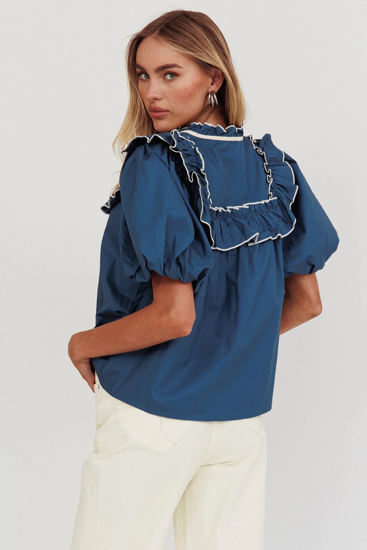 Remarkable Puff Sleeve Tied Neck Top Teal