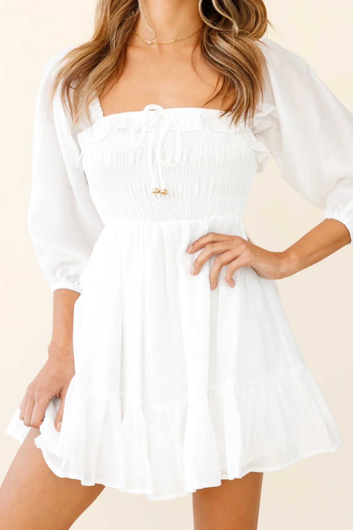 Flynn Balloon Sleeve Shirred Bust Mini Dress White