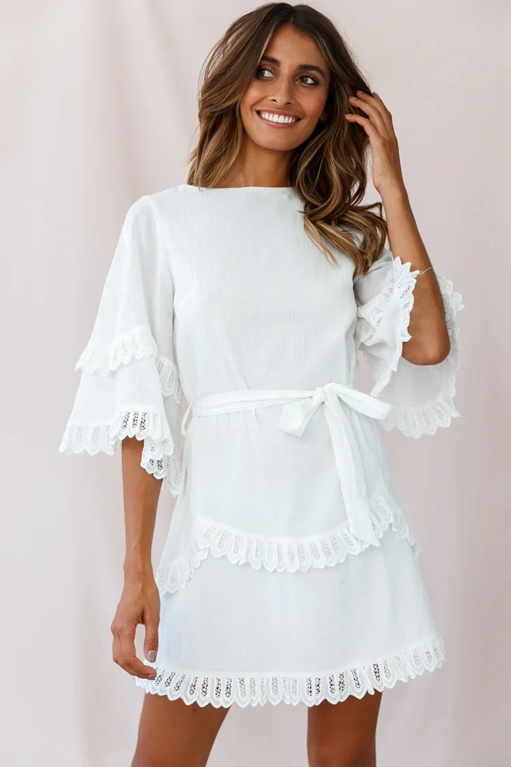 Talitha Waist Tie Lace Trim Dress White