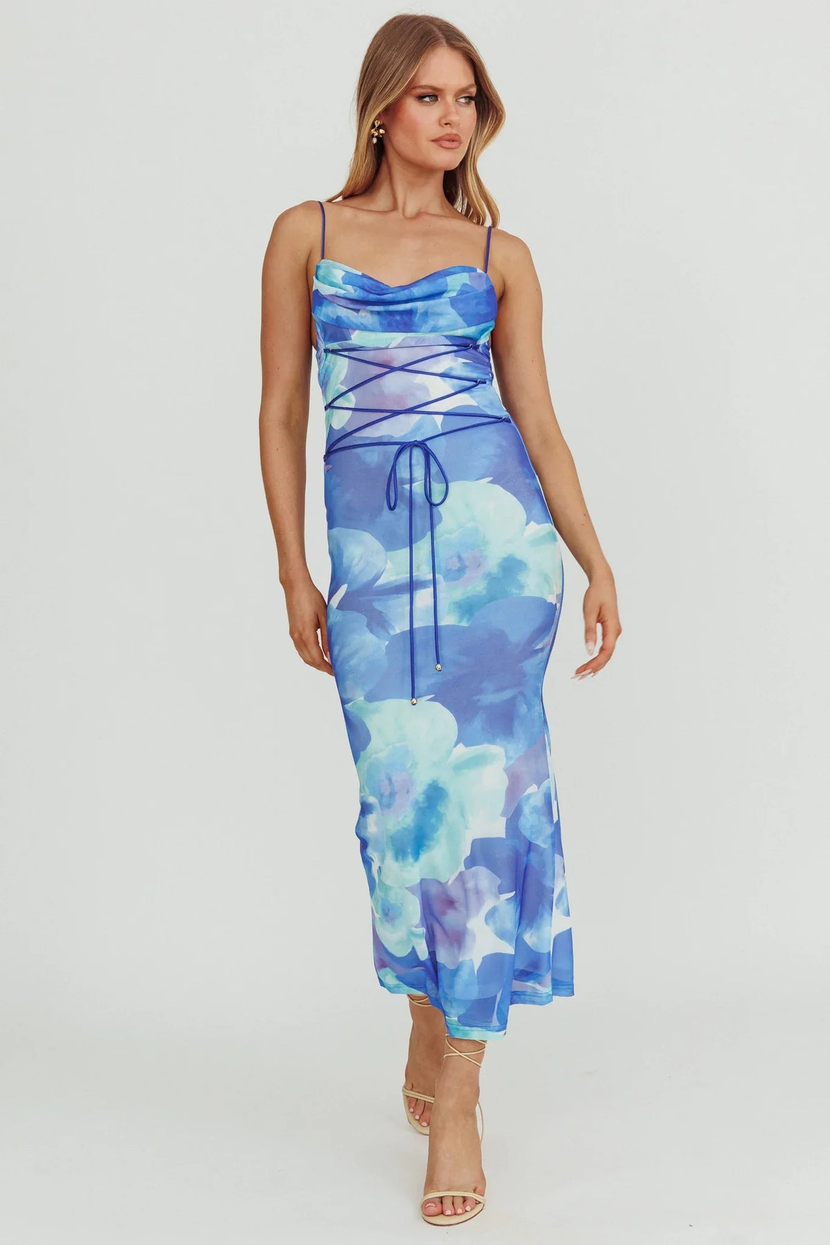 Teava Laced Waist Maxi Dress Flowers Blue