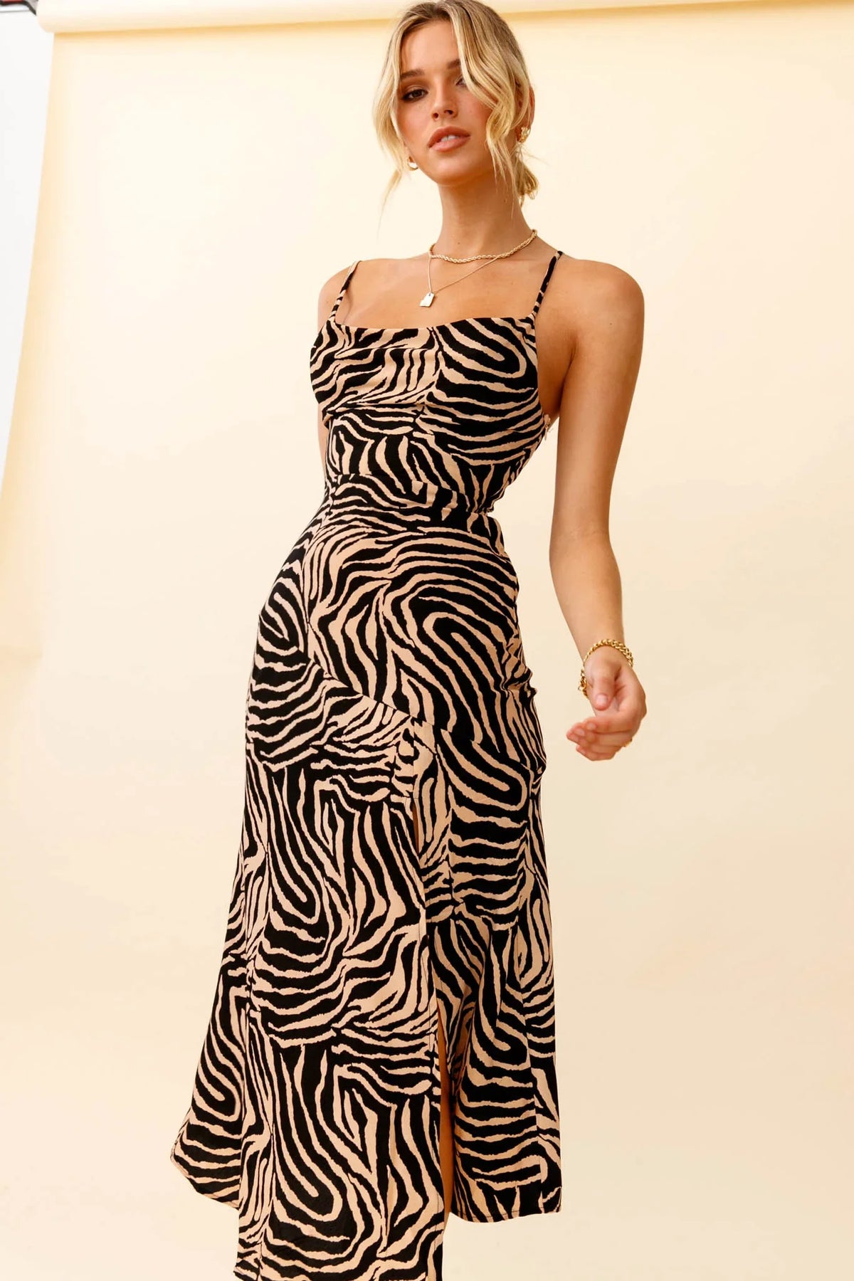 Misty Eyed Cowl Neck Thigh Split Midi Dress Animal Print Mocha