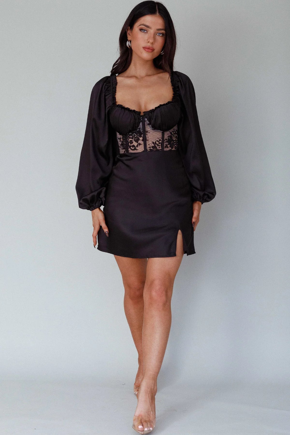 Trophy Long Sleeve Lace Bodice Mini Dress Black