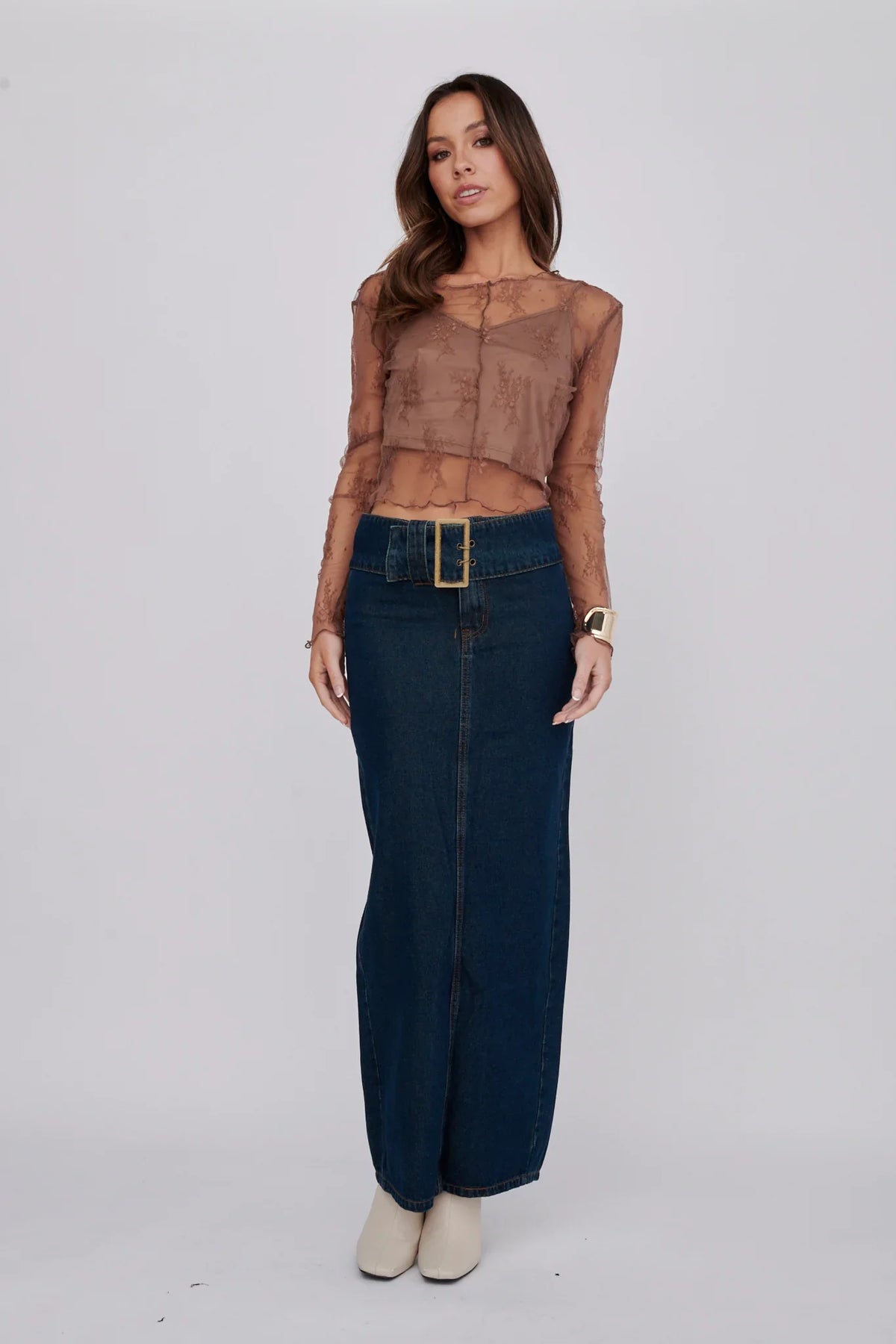 Genovia Long Sleeve Lace Top Brown