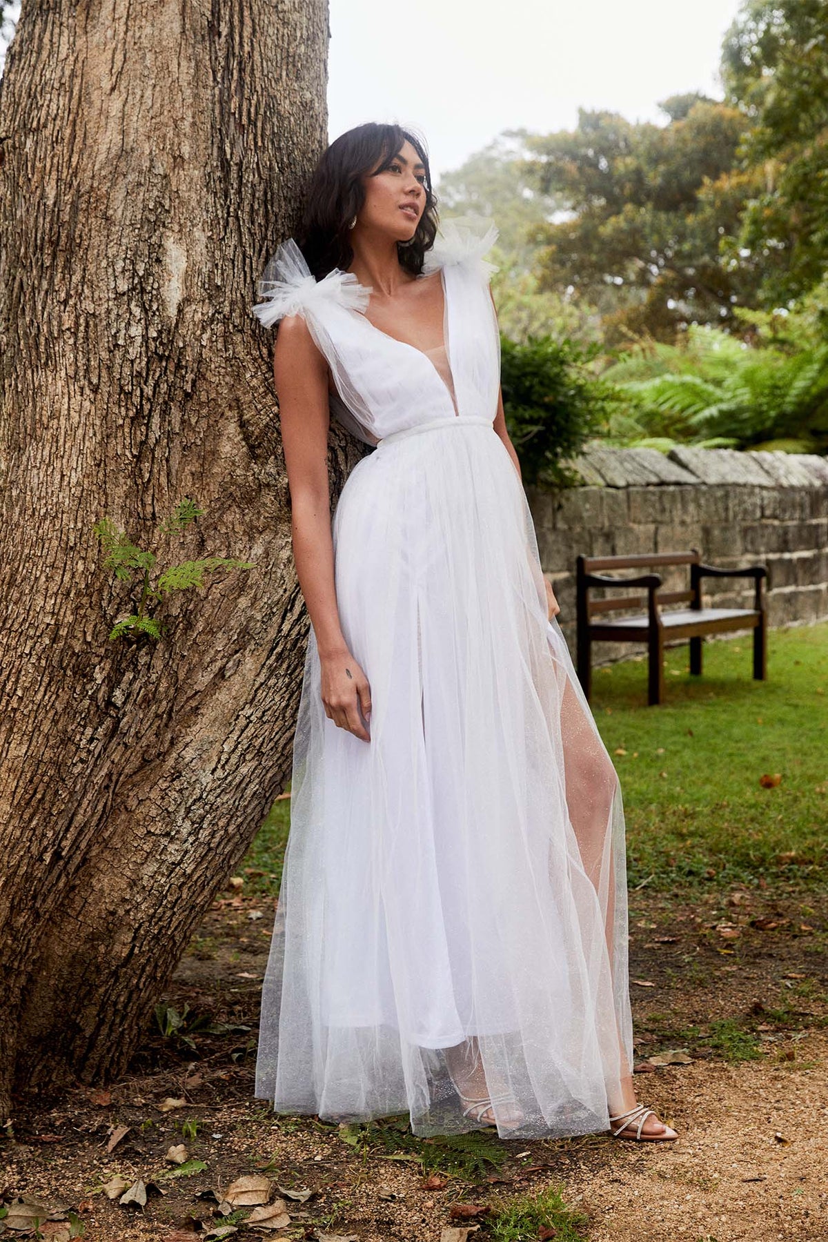 Ludivine Shoulder Accent Mesh Midi Dress Glitter White