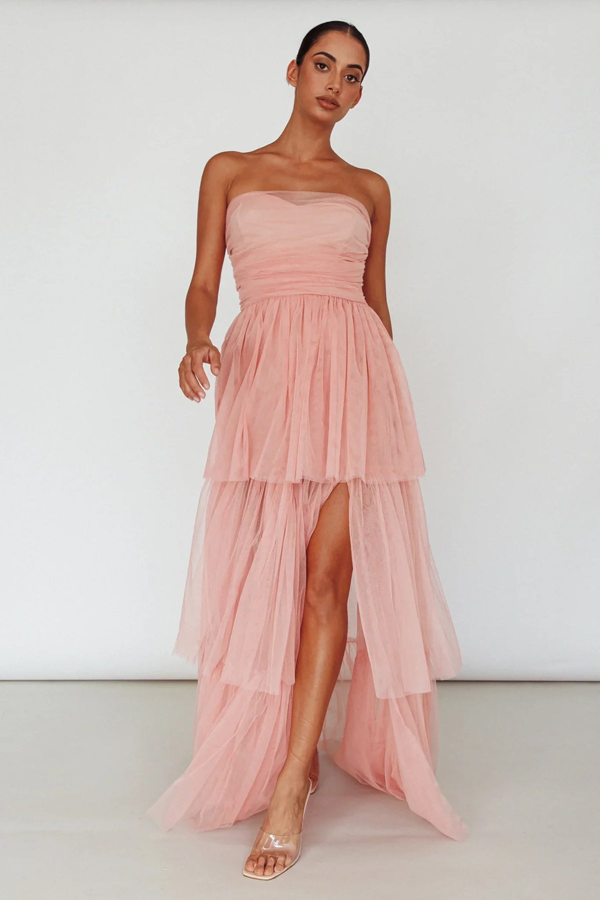 Haeven Tiered Strapless Maxi Dress Blush
