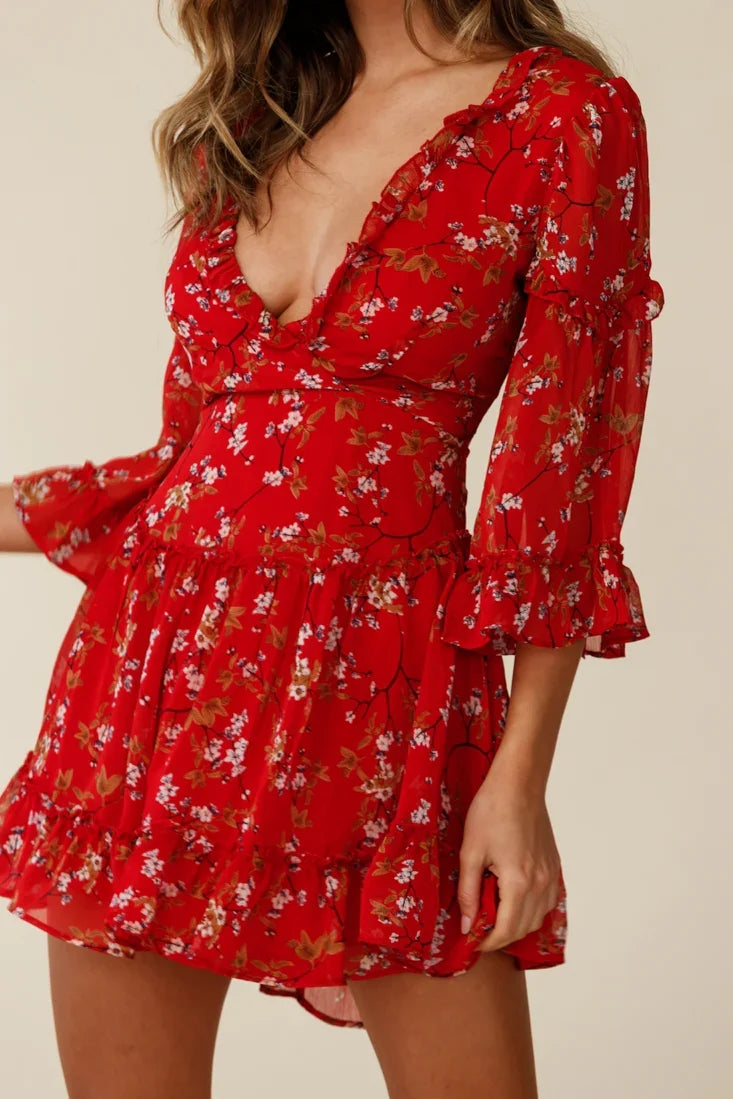 Albany Bell Sleeve Frill Dress Floral Print Red