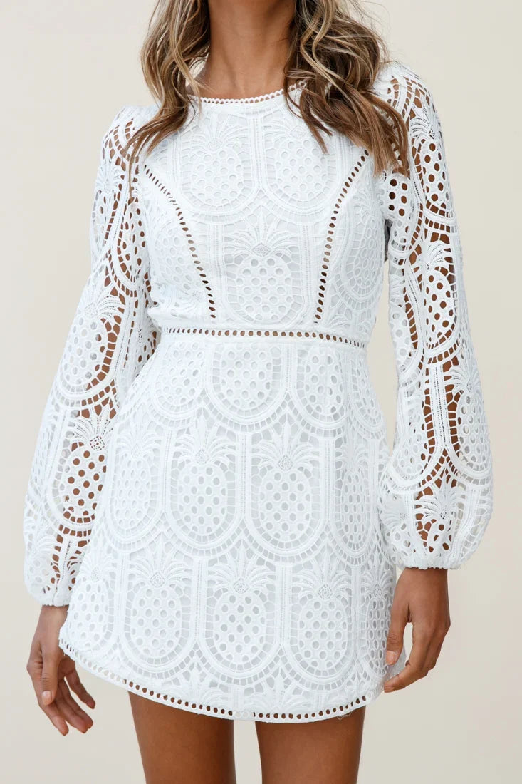 Heart Crochet Overlay Balloon Sleeve Dress White