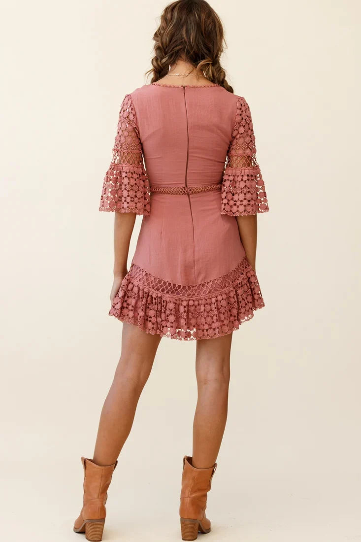 Believe It Crochet Detail Fluted Hem Dress Rose