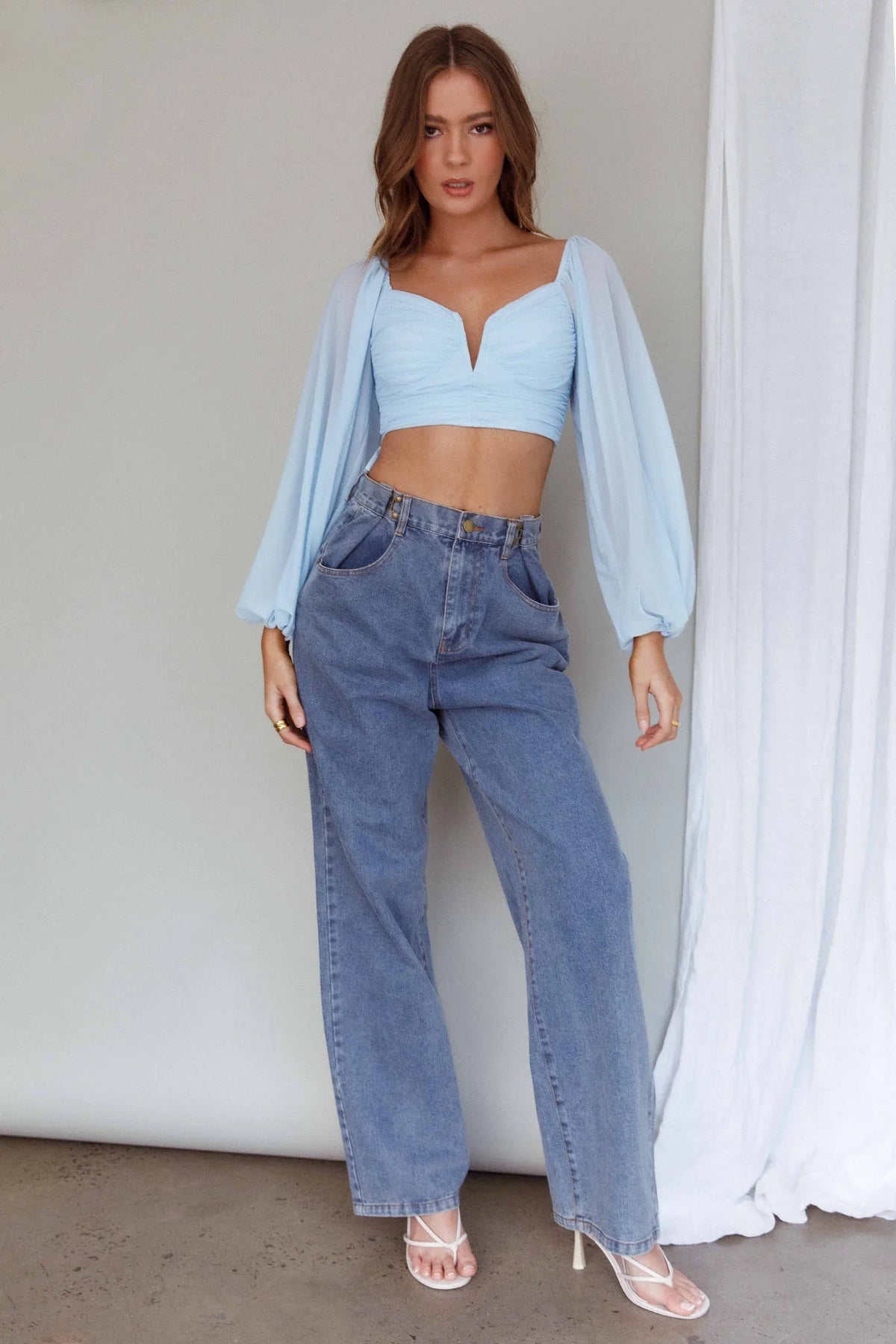 Tanner Long Sleeve Ruched Crop Top Steel Blue