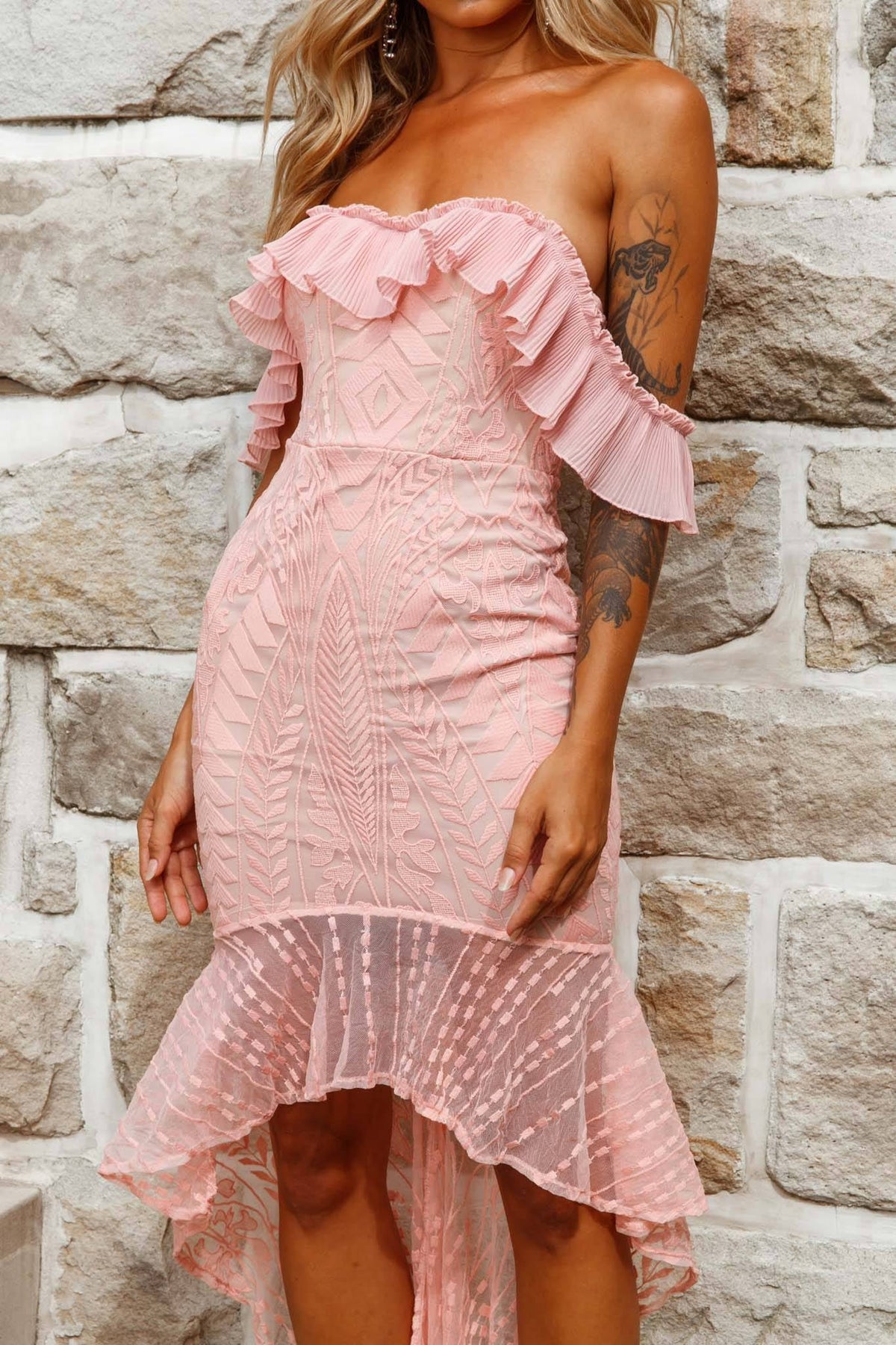 Dreamy Off-Shoulder High-Low Hem Dress Blush