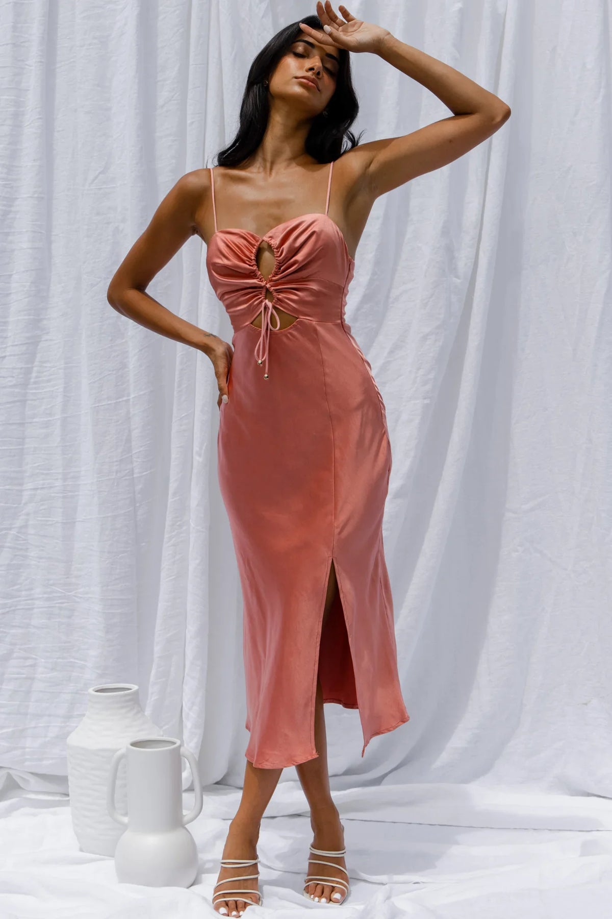 Date Night Drawstring Bust Midi Dress Rose