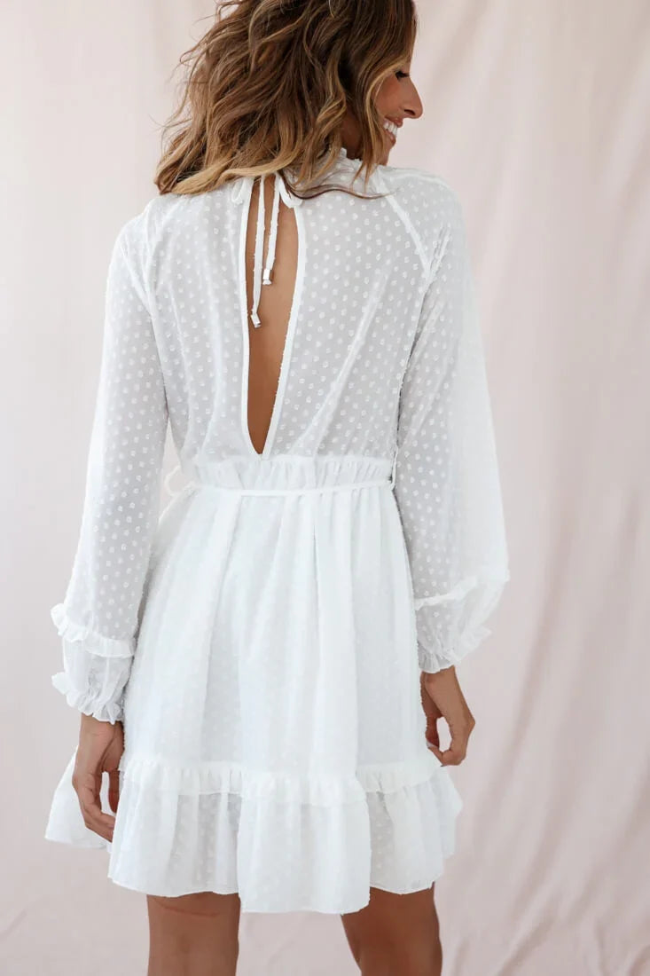 Tracee Open Back Ruffled Hemline Dress White Tall