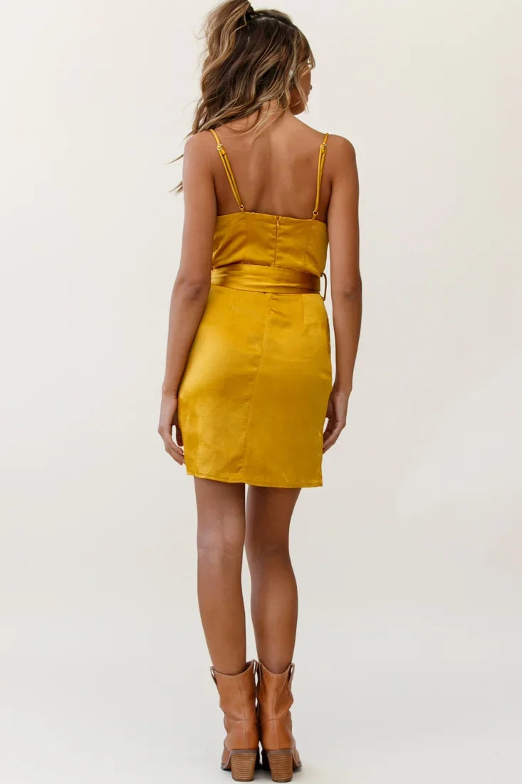 Bebe Satin Cowl Neck Wrap Dress Mustard