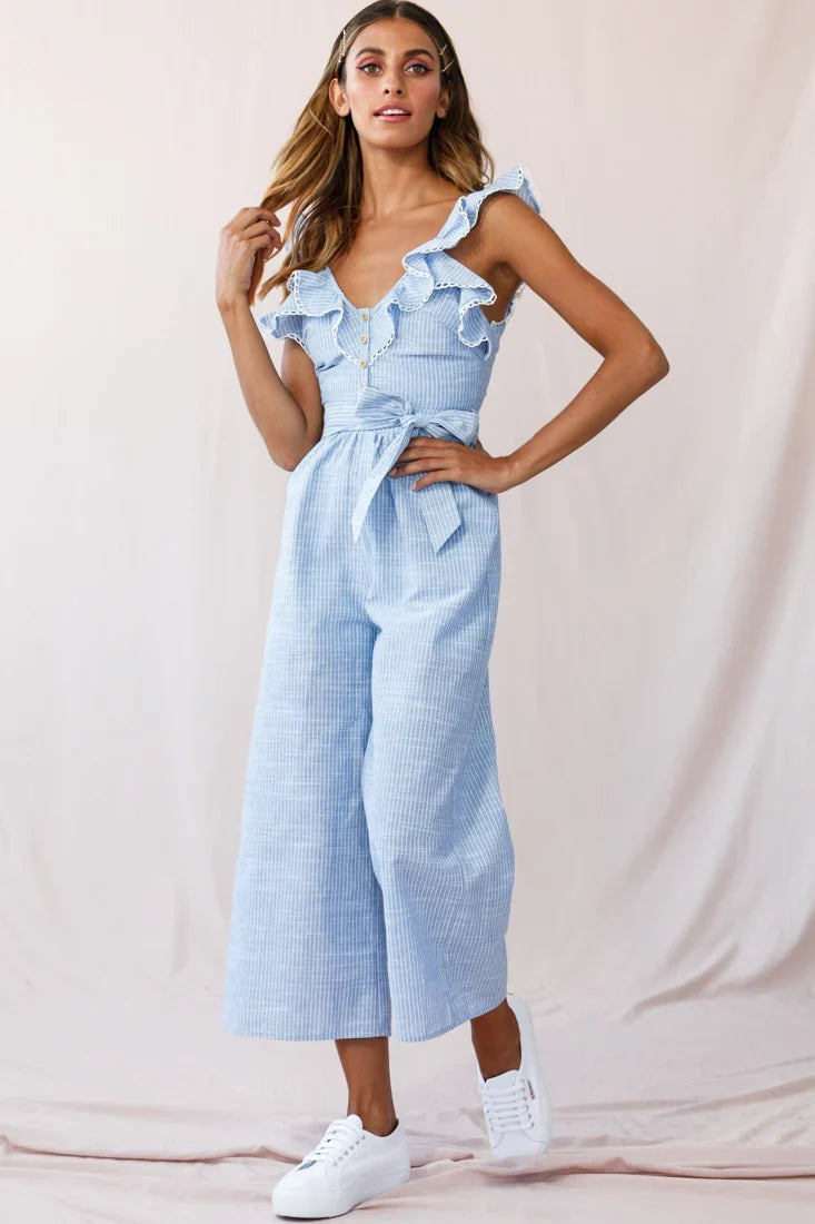 Danube Belted Waist Pinstripe Jumpsuit Blue