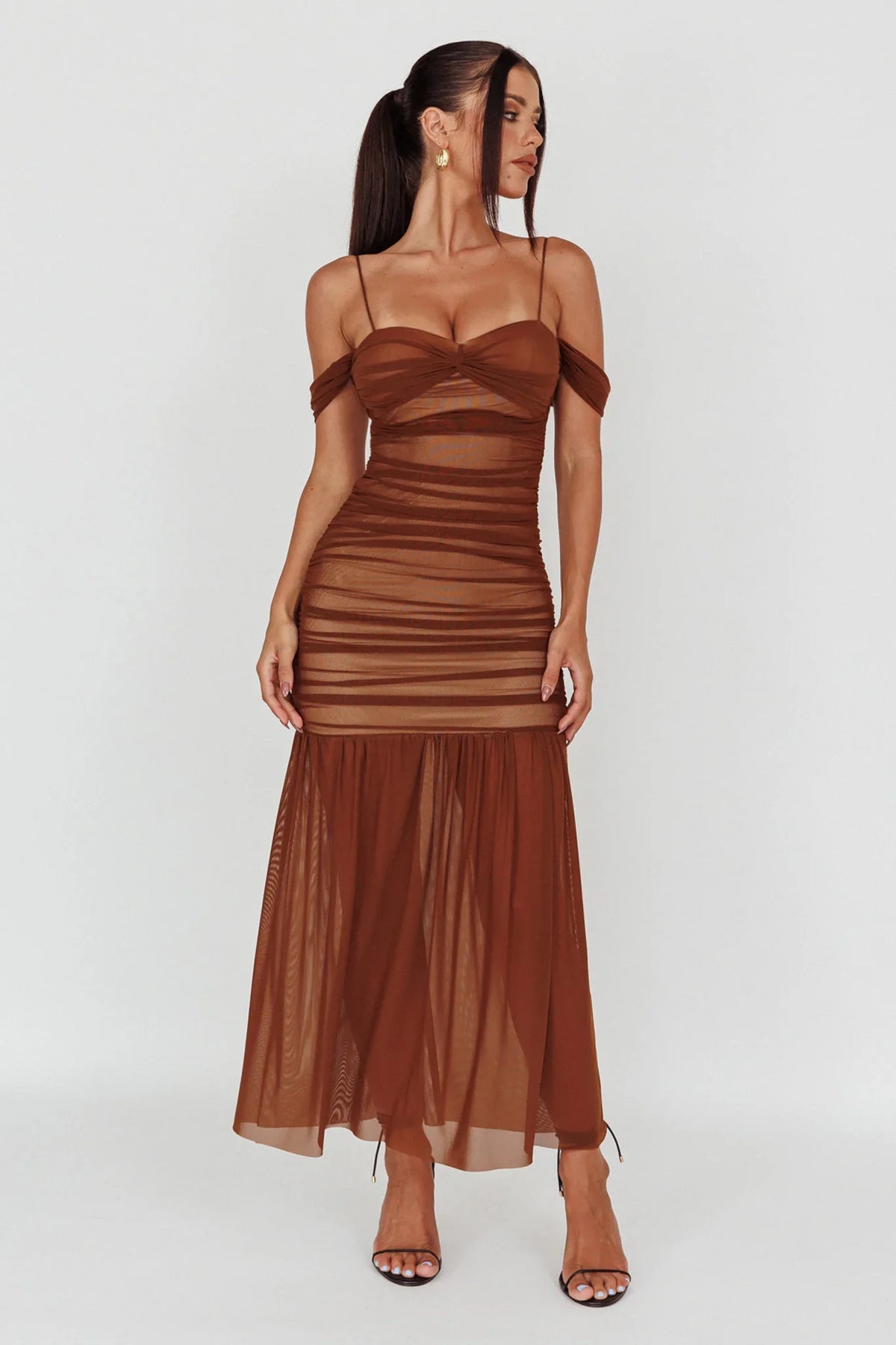 La Salle Ruched Mesh Maxi Dress Chocolate