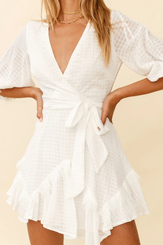 Flyin' Solo Fringe Trim Waist Tie Dress White