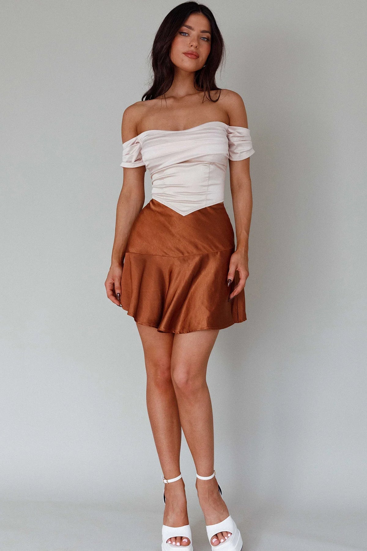 Gwyneth Flounce Mini Skirt Chocolate