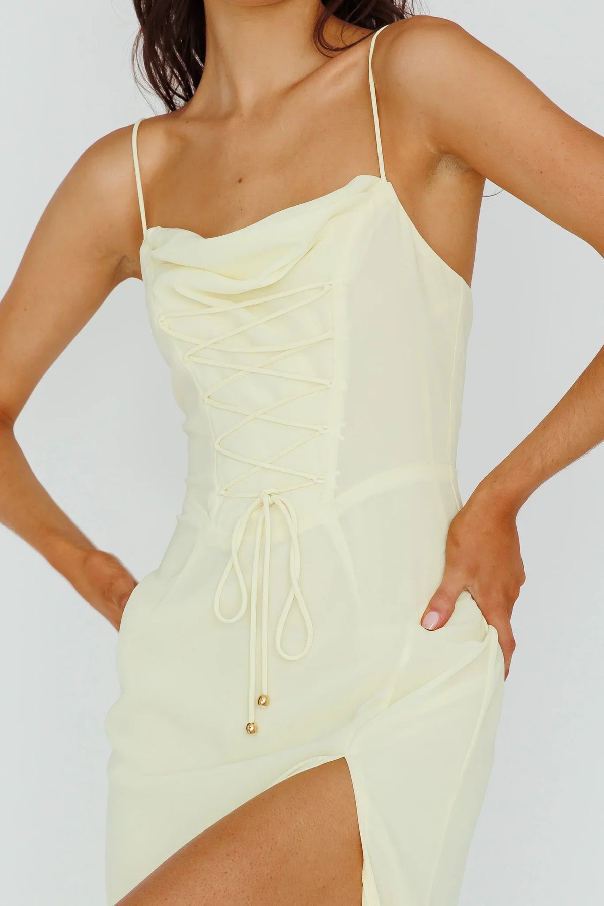 Ryanna Laced Bodice Split Midi Dress Yellow