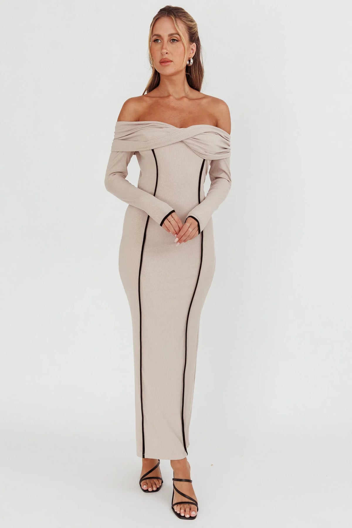 Genesis Off-Shoulder Long Sleeve Maxi Dress Pebble