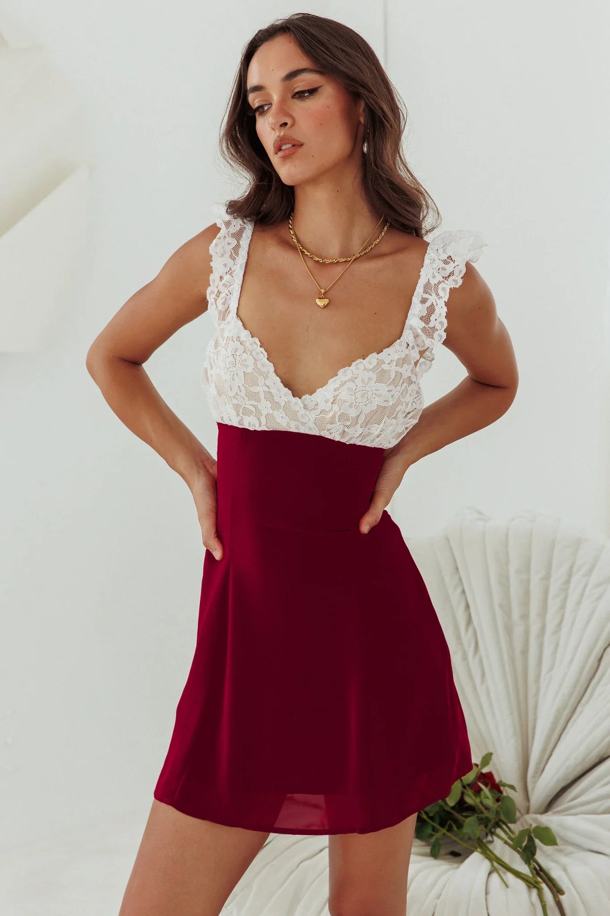 Lakyn Lace Bust Tied Back Mini Dress Wine